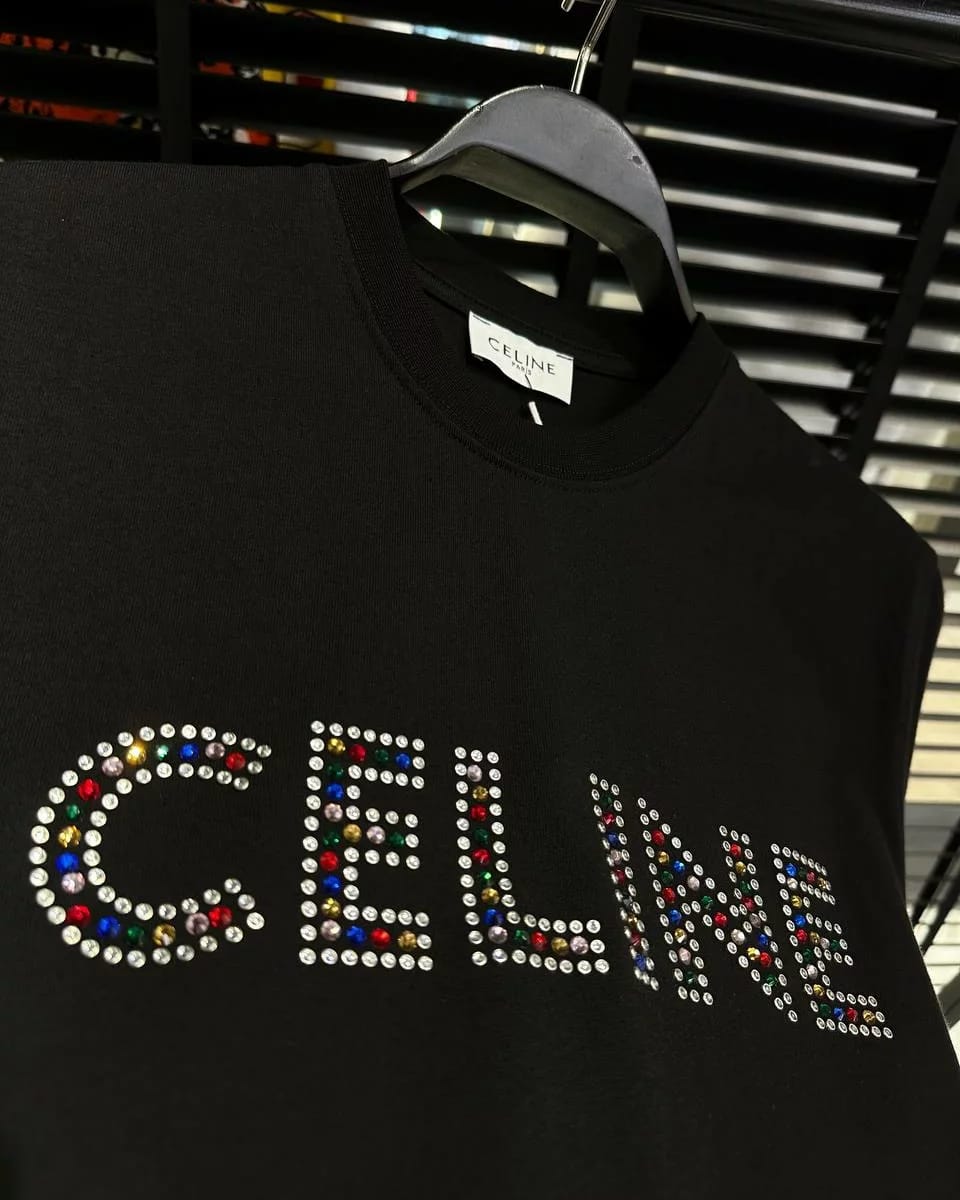 Celine Front-Logo Colored Steinbesatz Herren T-Shirt Schwarz