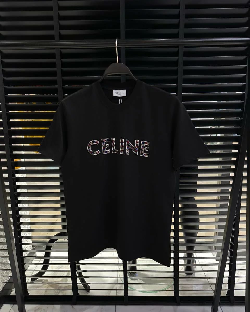 Celine Front-Logo Colored Steinbesatz Herren T-Shirt Schwarz