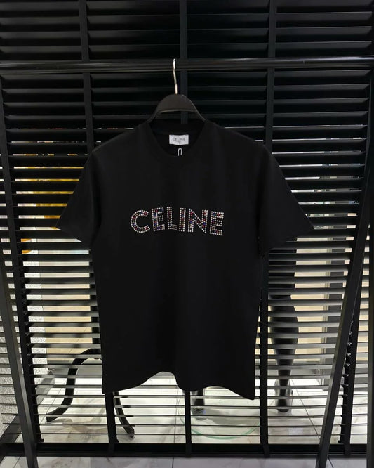 Celine Front-Logo Colored Steinbesatz Herren T-Shirt Schwarz