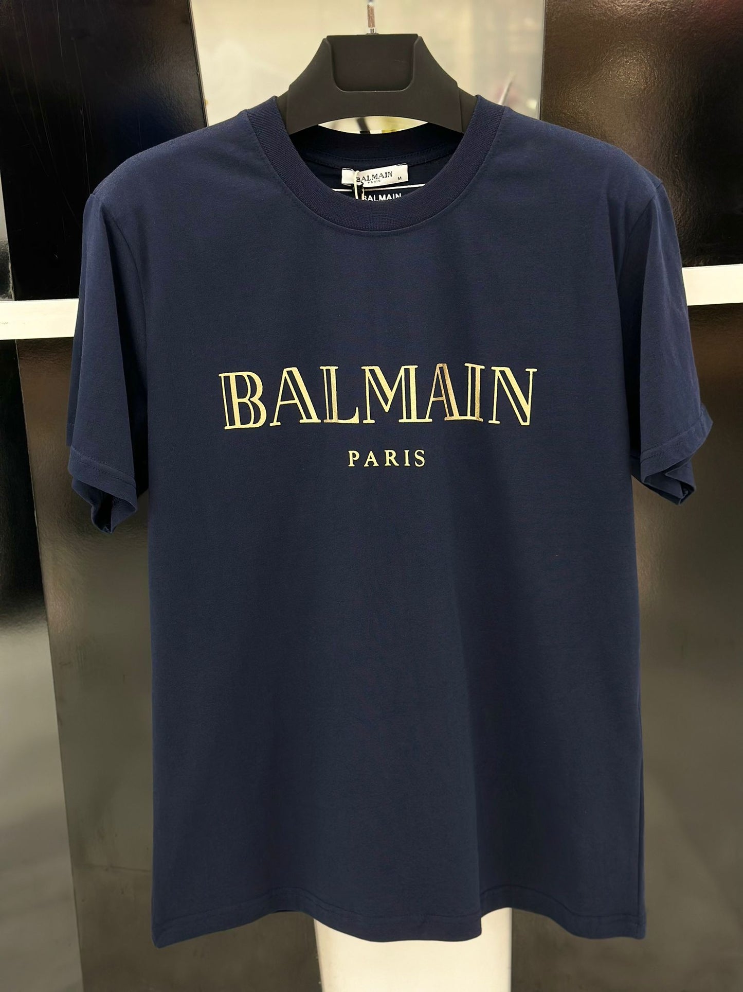 Balmain SLIMFIT Gold Logo-Print Herren T-Shirt Dunkelblau