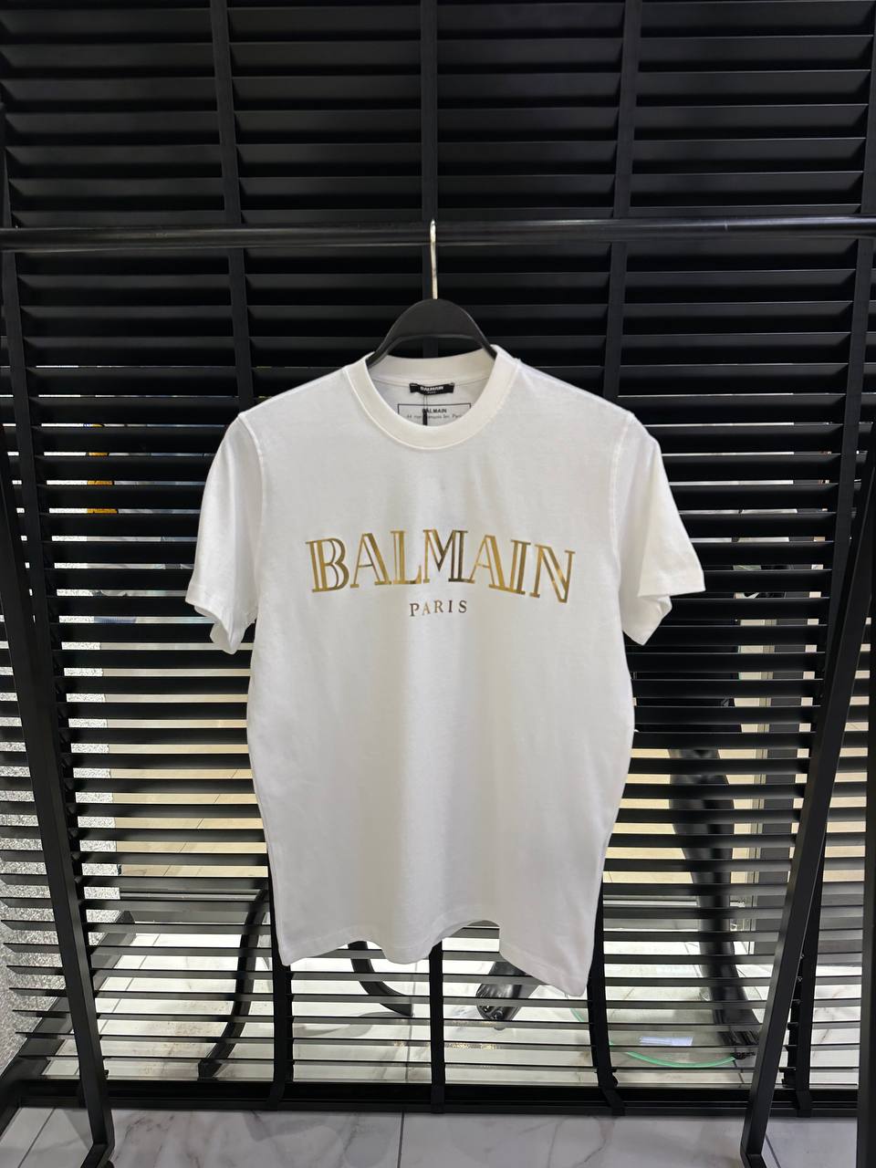 Balmain Gold Logo-Print Herren T-Shirt Weiß