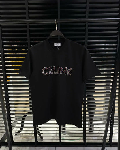 Celine Front-Logo Colored Steinbesatz Herren T-Shirt Schwarz