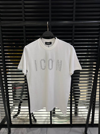 DSquared2 Icon Front Logo Steinbesatz Herren T-Shirt Weiß