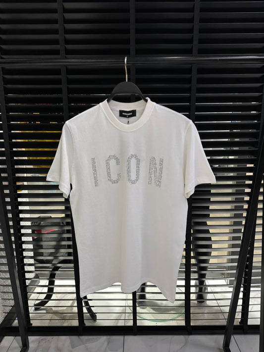 DSquared2 Icon Front Logo Steinbesatz Herren T-Shirt Weiß