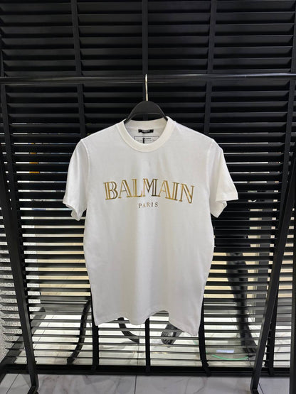 Balmain Gold Logo-Print Herren T-Shirt Weiß