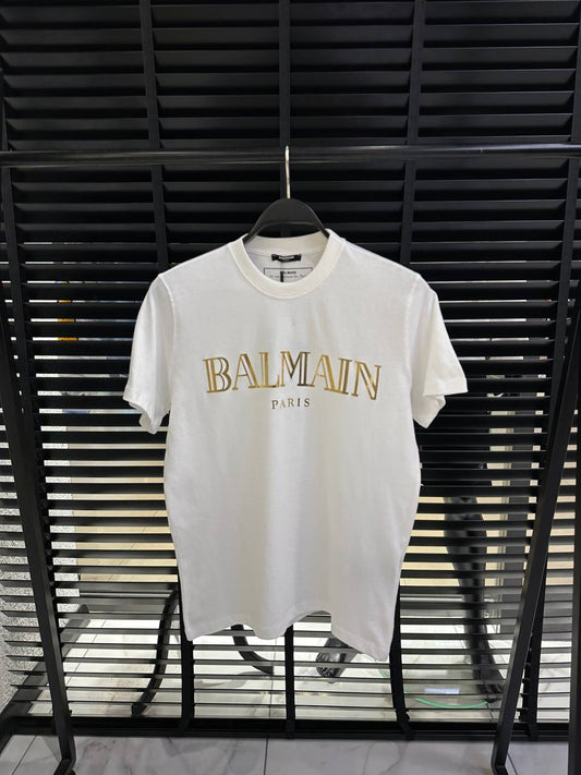 Balmain Gold Logo-Print Herren T-Shirt Weiß