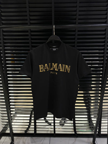 Balmain Gold Logo-Print Herren T-Shirt Schwarz