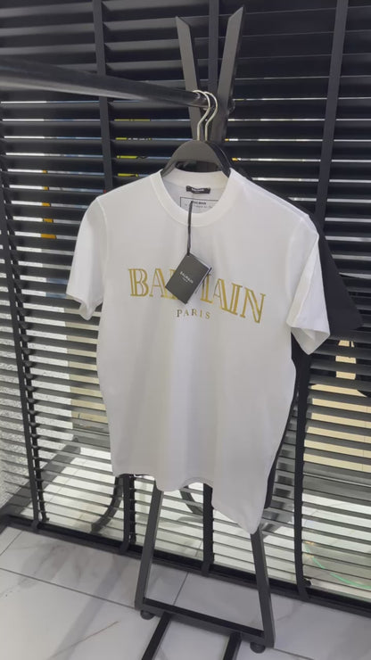 Balmain Gold Logo-Print Herren T-Shirt Schwarz